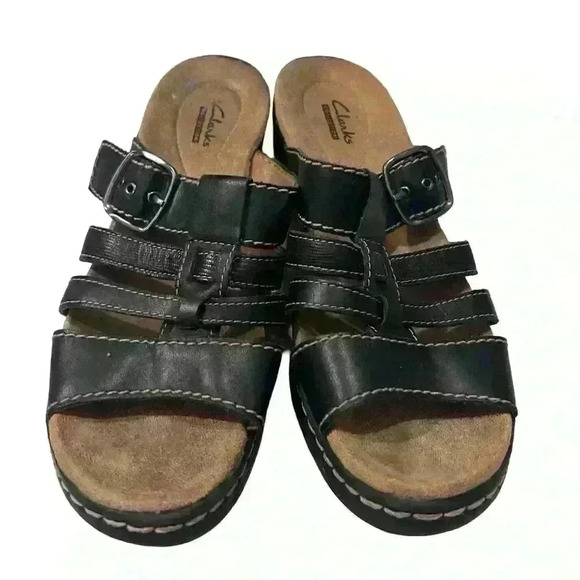 clark’s  Bendables Womens Size 8 Leather Cross Strap Slide Sandals Shoes black - Picture 6 of 7
